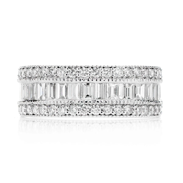 Milgrain Border Baguette & Round Diamond Band Ring