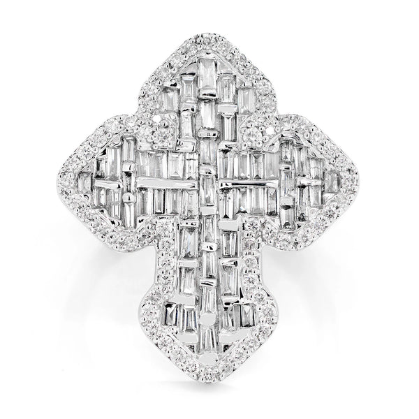 Baguette and Round Border Cross Diamond Signet Ring