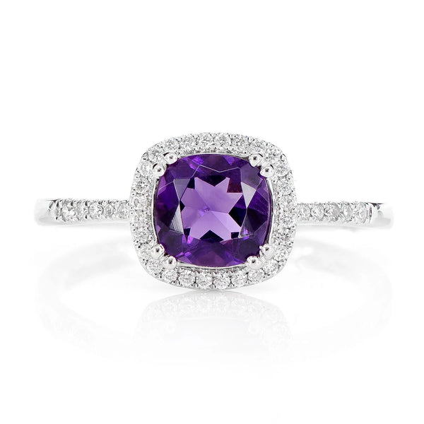 Amethyst Cushion and Diamond Halo Ring