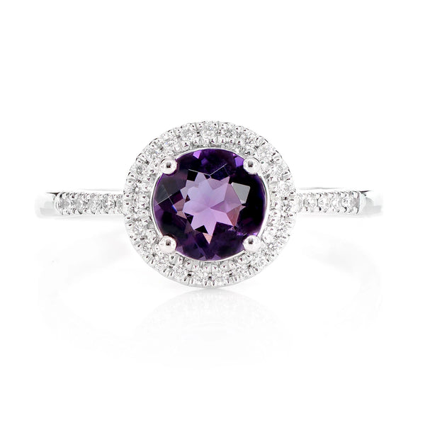 Purple Amethyst and Diamond Halo Ring