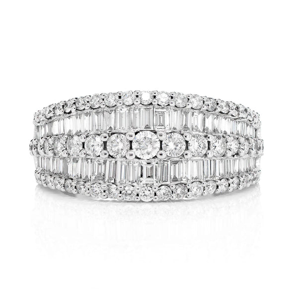Tapered Three Row Baguette & Round Diamond Ring