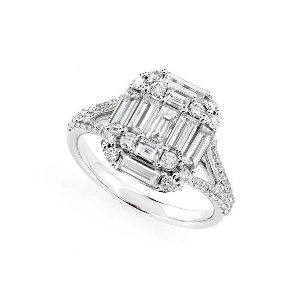 Cluster Split Shank Baguette and Round Diamond Engagement Ring