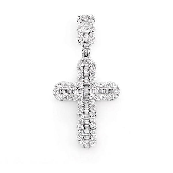 Round and Baguette Diamond Cross Pendant