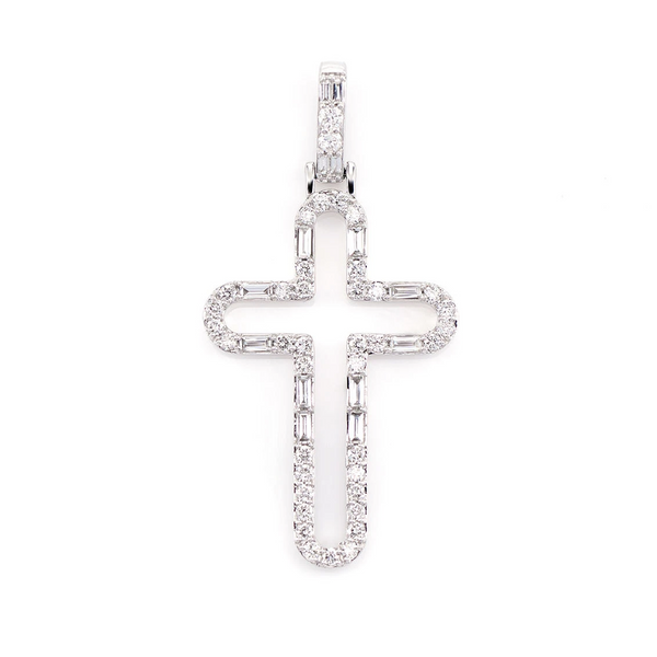 Rounded Open Round and Baguette Diamond Cross Pendant