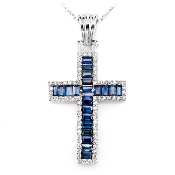 Sapphire Cross with Diamond Halo Necklace