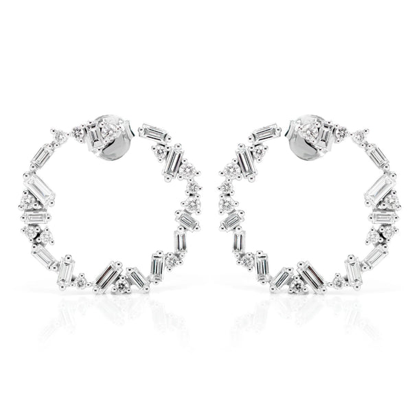 Jagged Round and Baguette Diamond Hoop Earrings