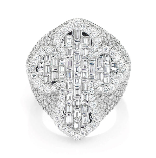 Deluxe Baguette Border Diamond Cross Signet Ring