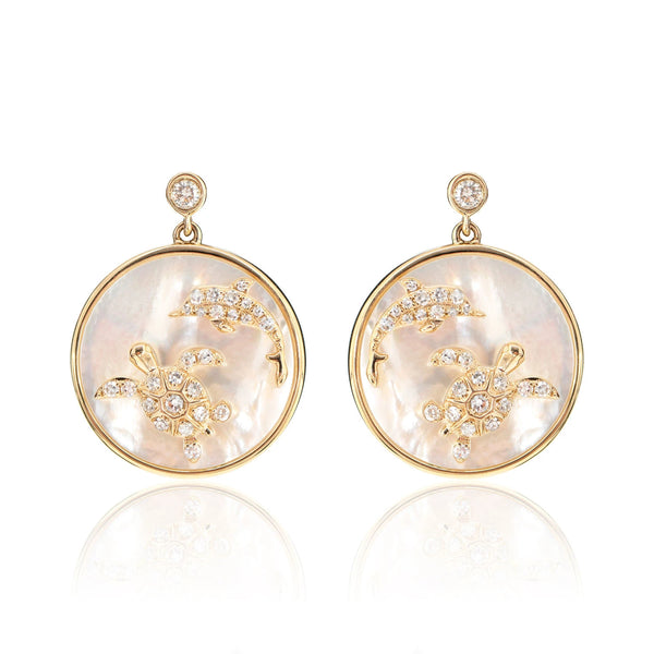Mother of Pearl and Diamond Sea Turtle Dolphin Earrings