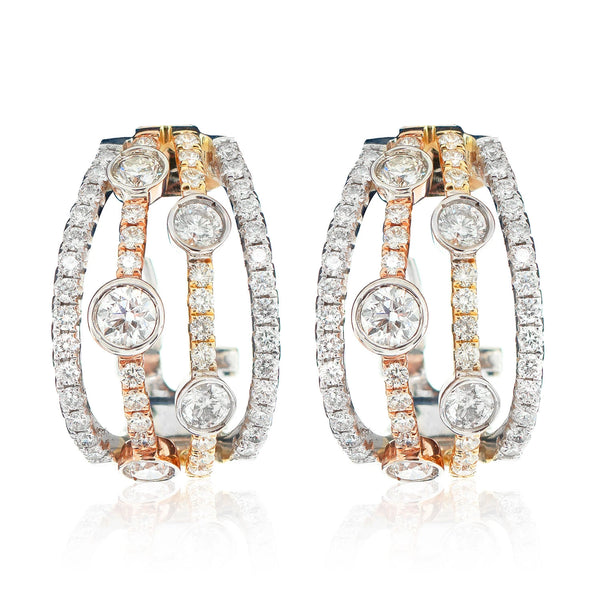 Tri Tone Four Row Scattered Bezel Diamond Hoop Earrings