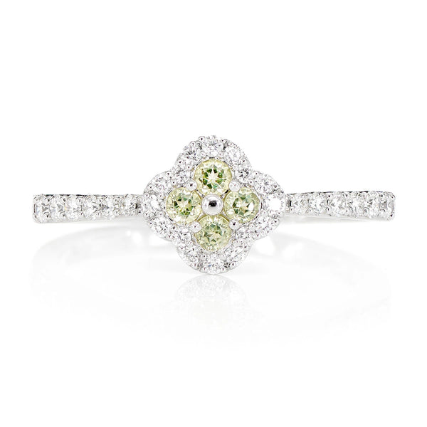 Clover Peridot Green and Diamond Cluster Halo Ring