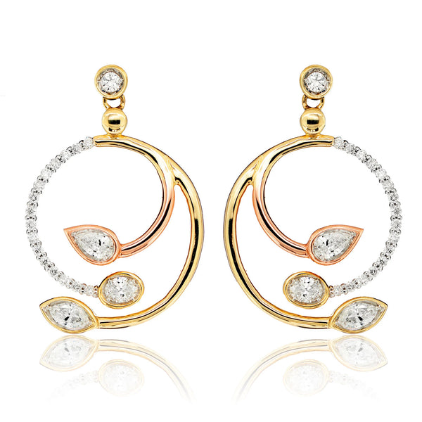 Tri Tone Mixed Shape Diamond Spiral Dangle Earrings