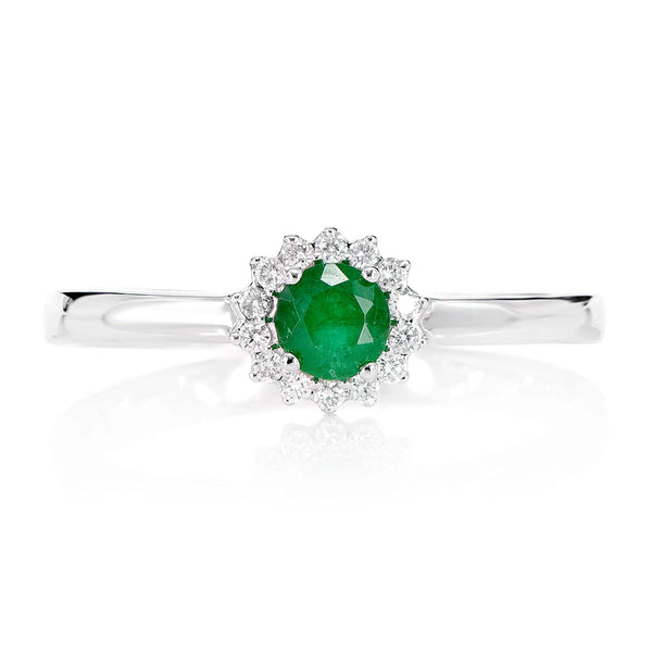 Round Emerald and Diamond Halo Ring