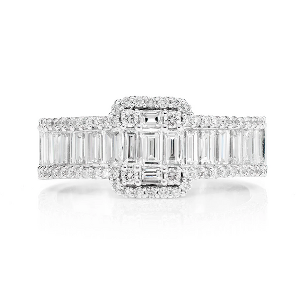 Baguette Raised Cluster Three Row Diamond Engagement Ring