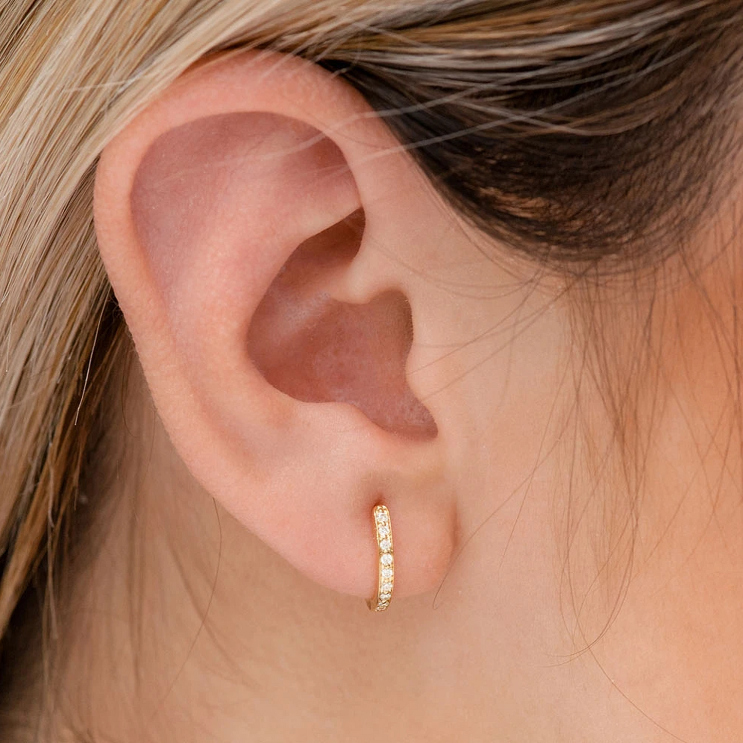 One Row Diamond Huggies in 14K rose gold, 0.10ctw, angled view