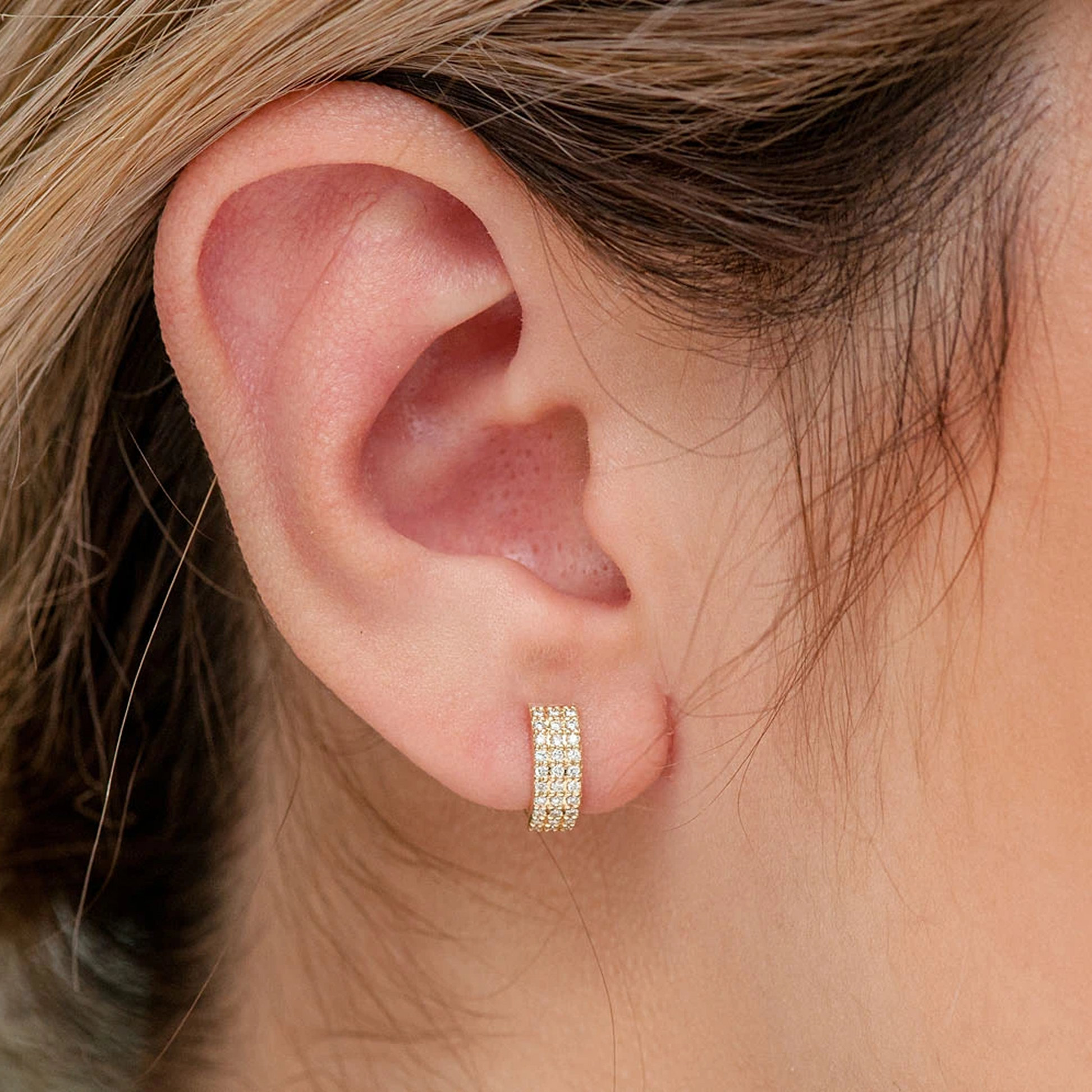 Three Row Diamond Hoops in 14K yellow gold, 0.33ctw, angled view