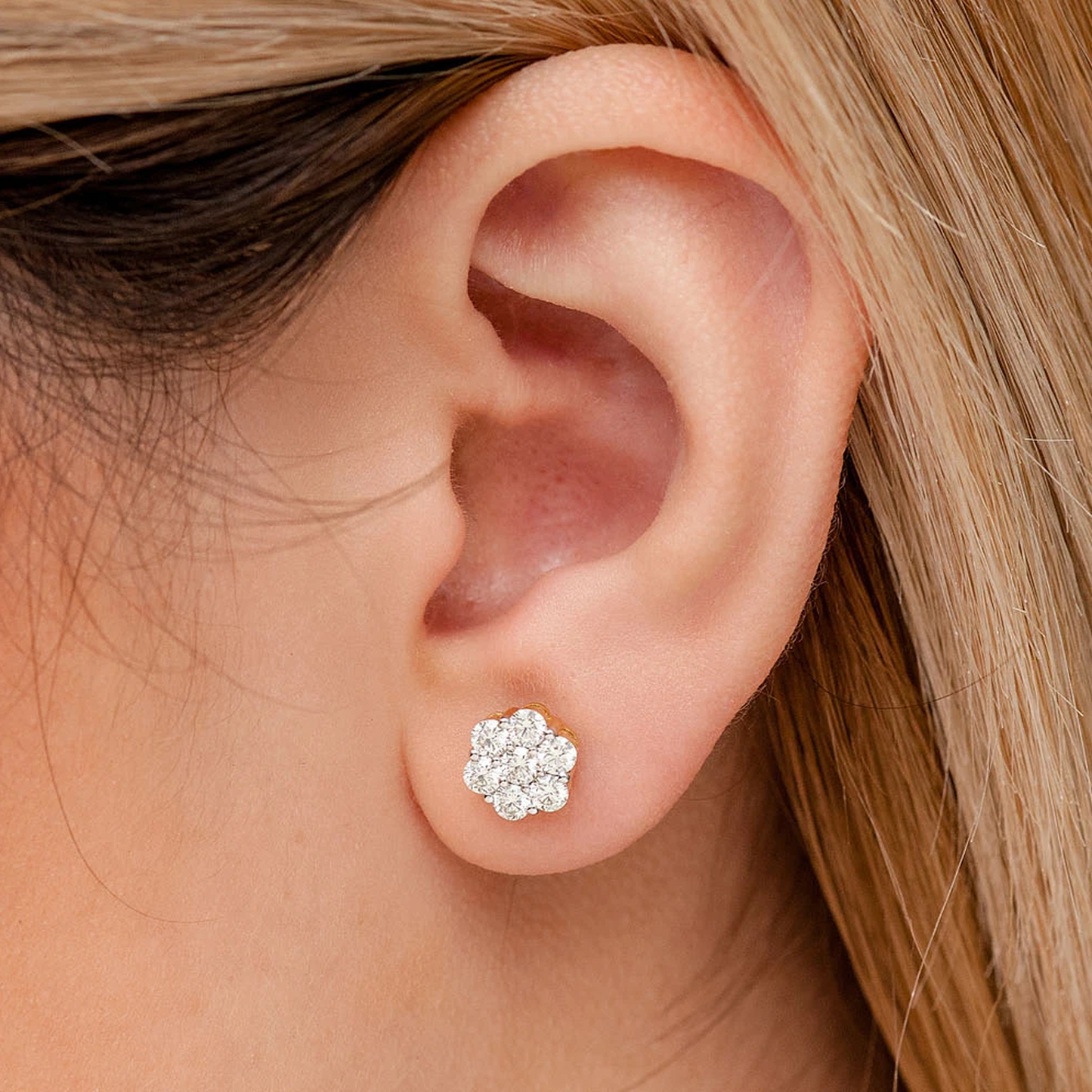 Flower Diamond Studs in 14K yellow gold, 1.50ctw, worn view 2