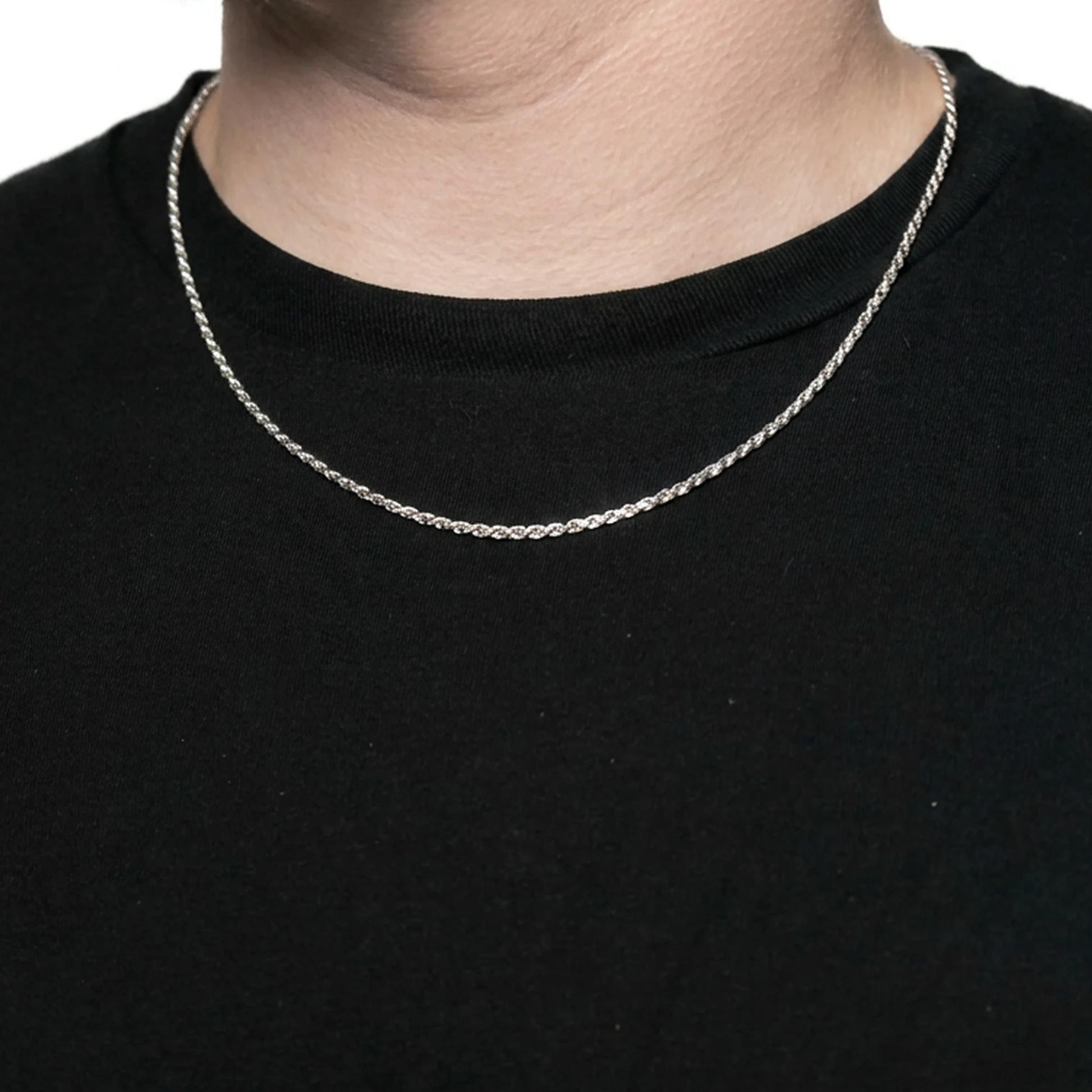 Sterling Silver Rope Chain in 925 sterling silver, 2.5mm width, worn view