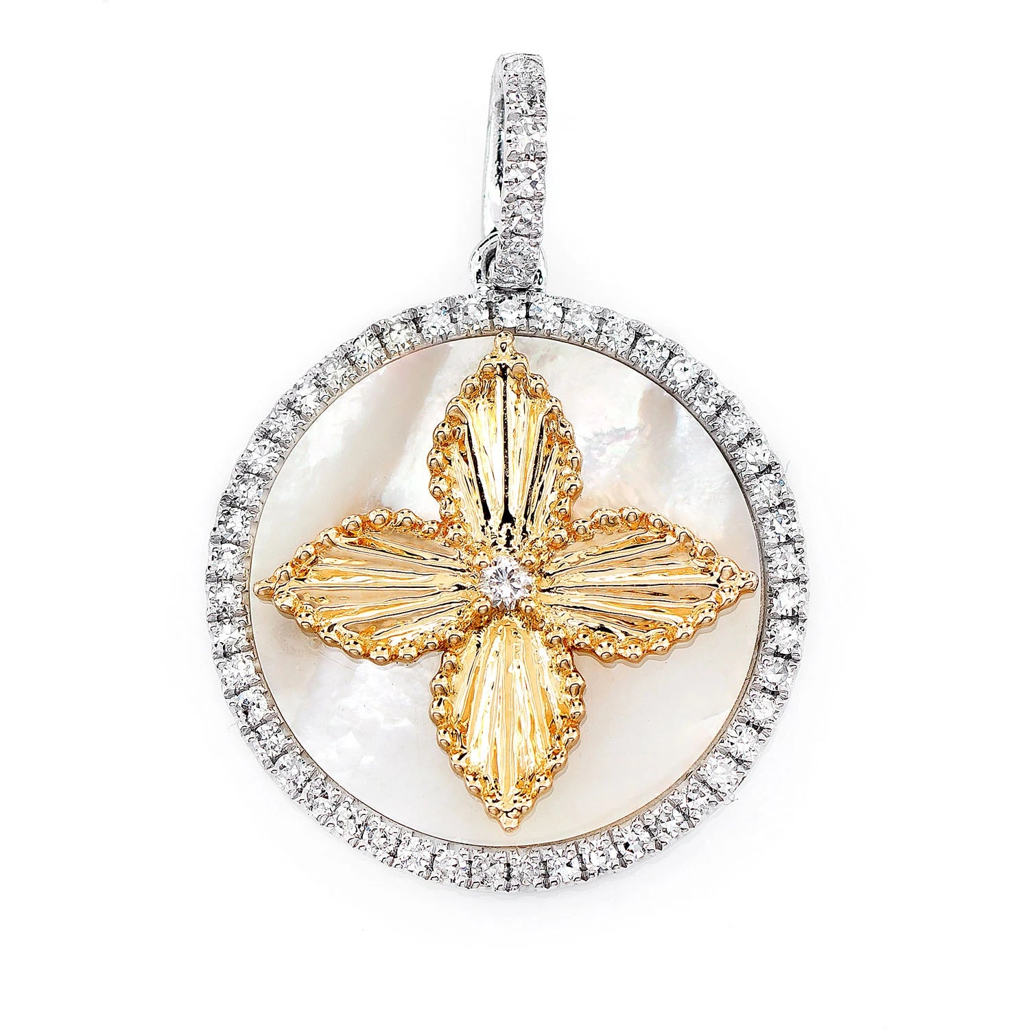 Mother of Pearl Four Petal Flower Diamond Pendant in two-tone 14k gold, front view