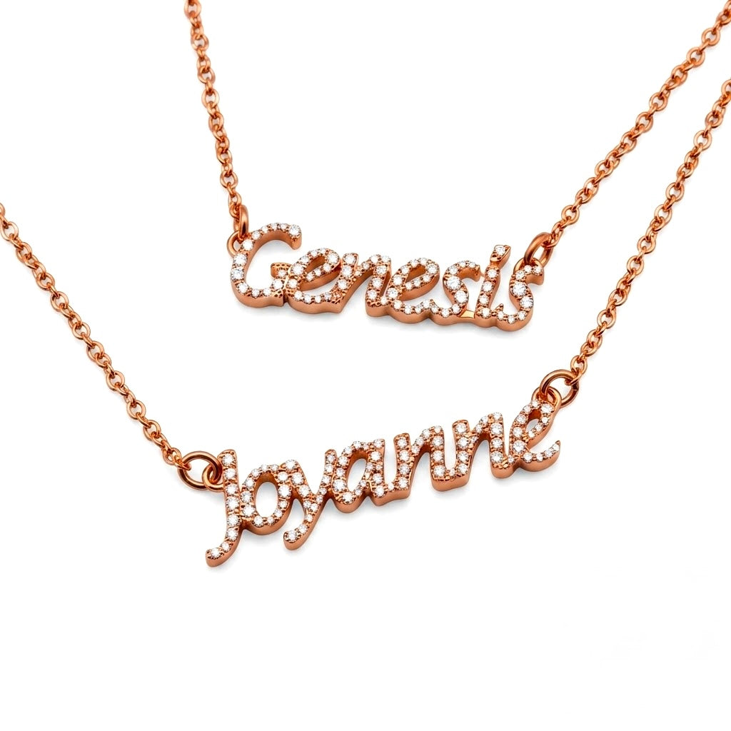 Custom Script Diamond Name Necklace in 14K white gold, angled view