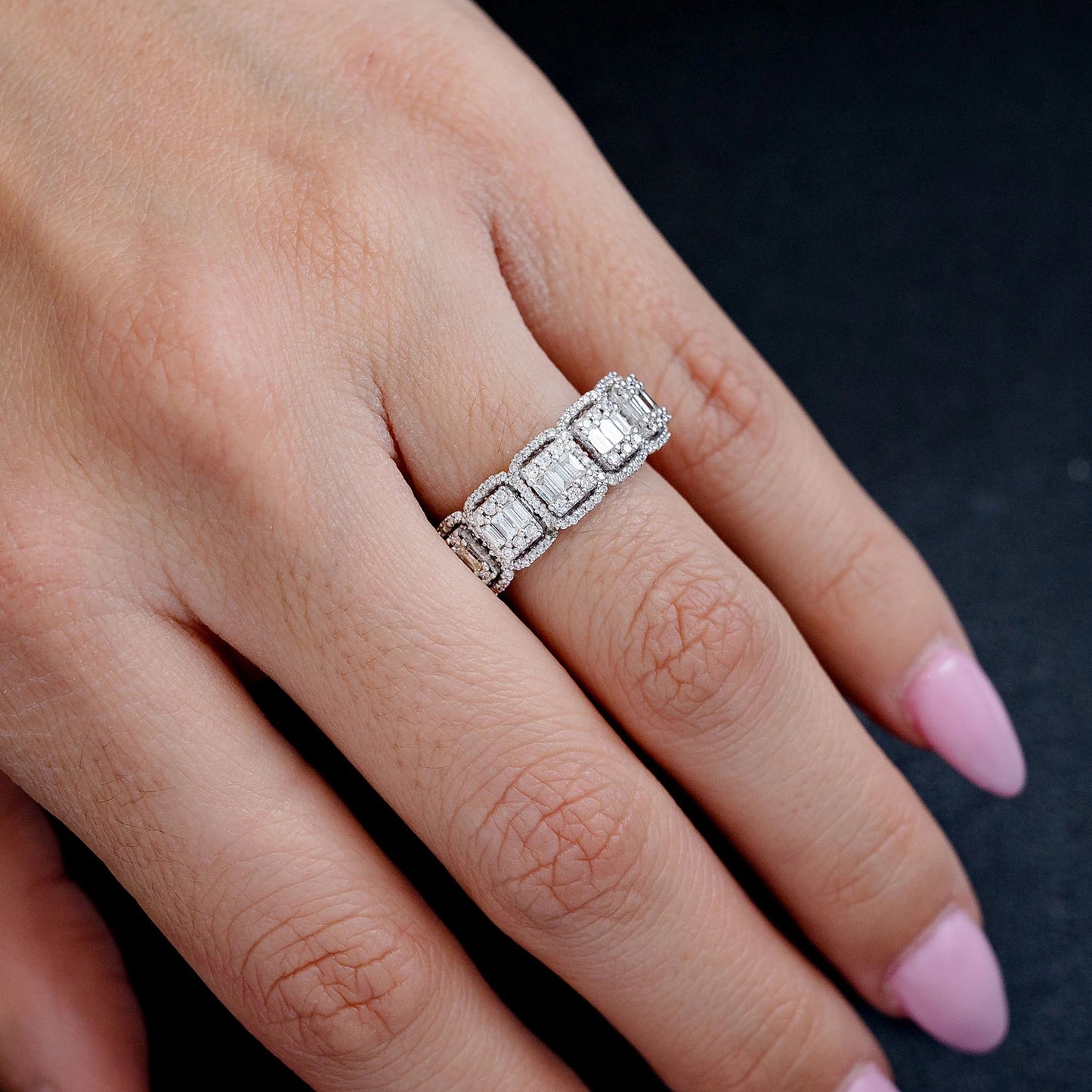 Baguette and Round Stone 5 Halo Diamond Ring