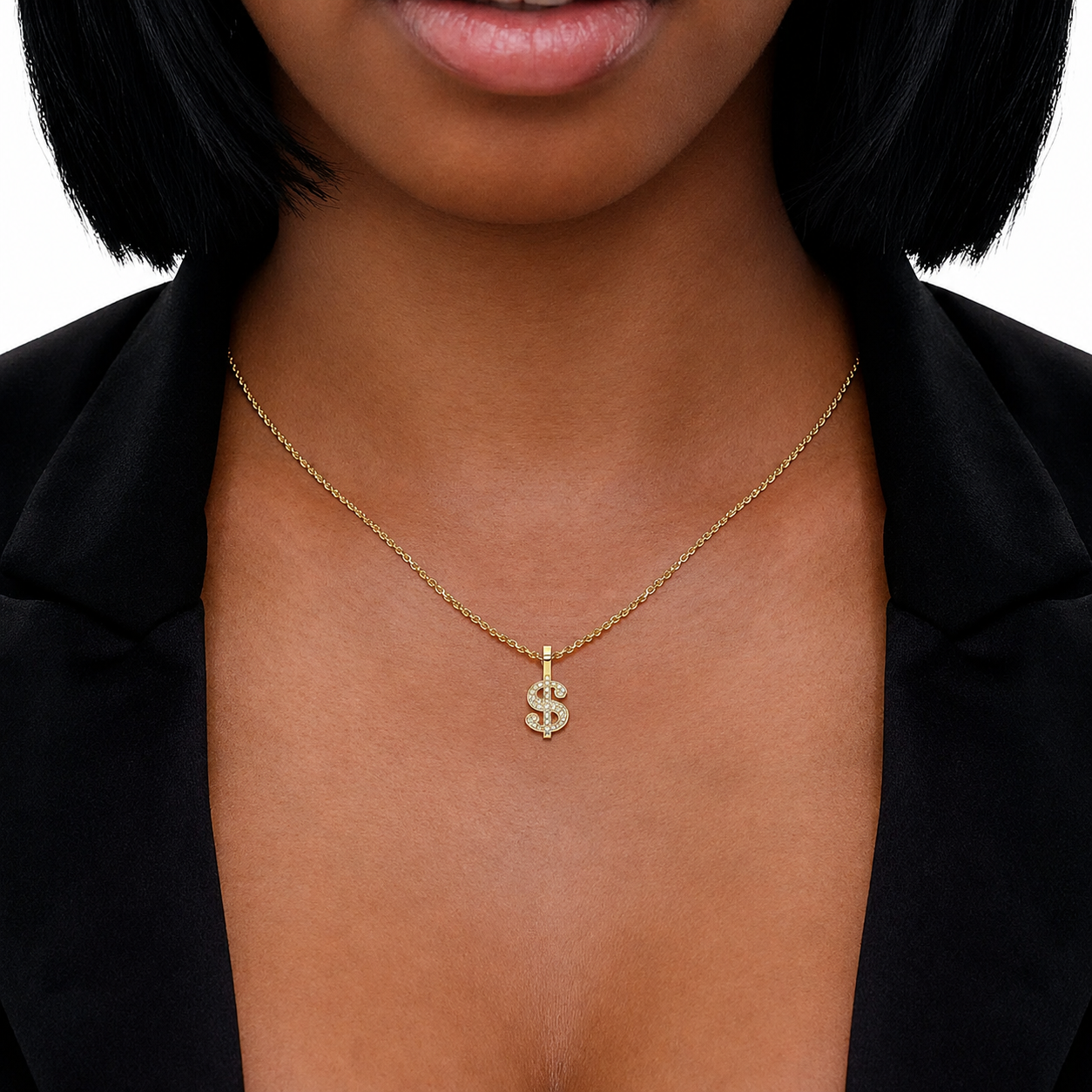 US Dollar Sign Diamond Pendant in 14K white gold, 0.20ctw, angled view