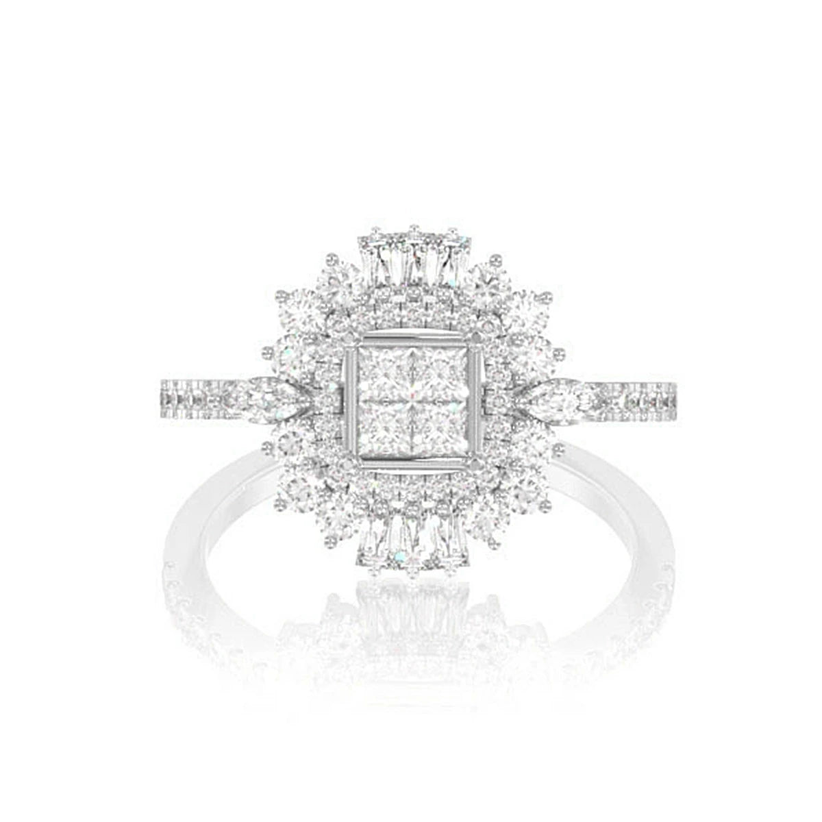 Art Deco Princess Quad Ring in 14K white gold, front view