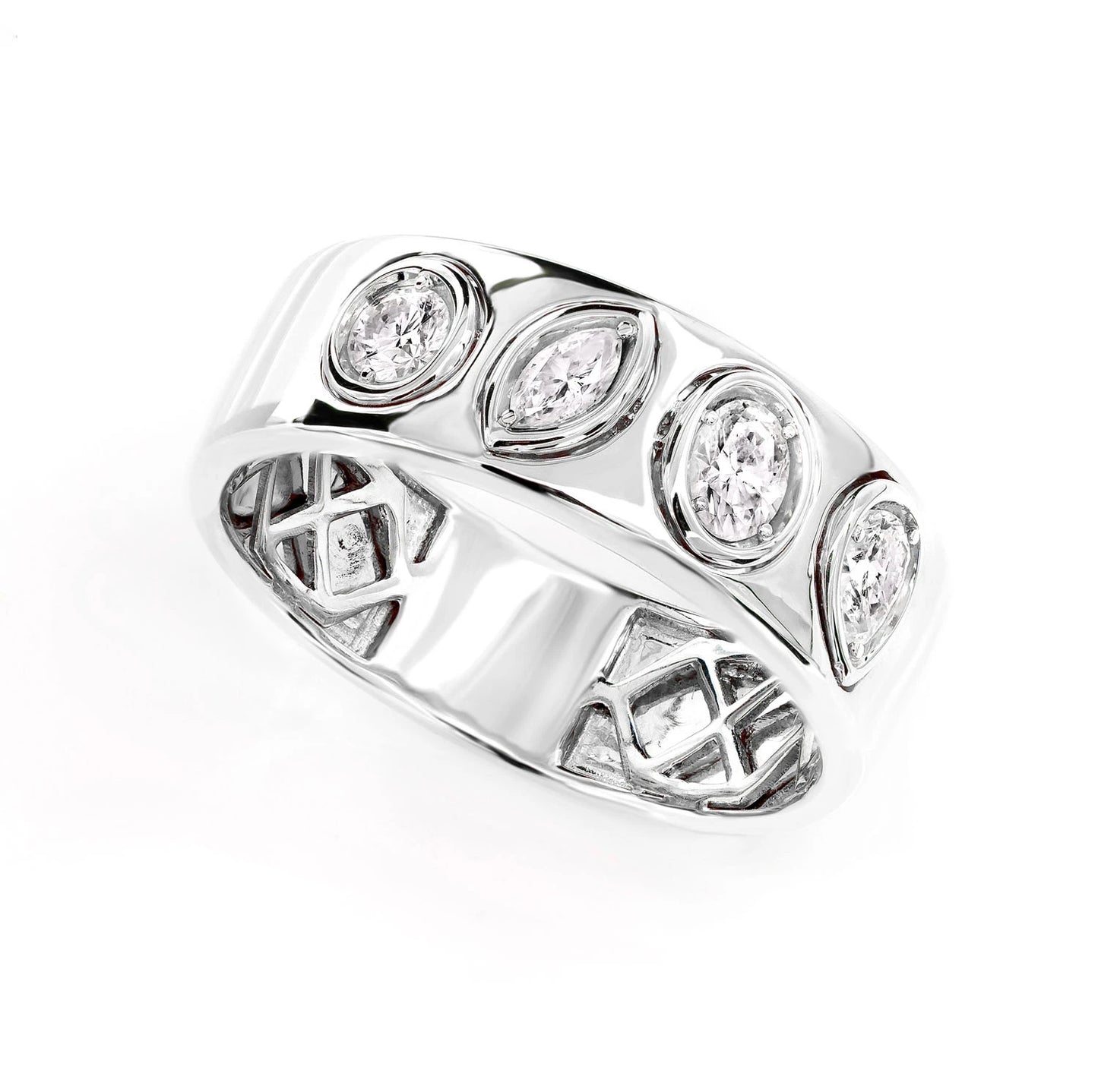 Alternating Multi-Shape Bezel Ring in 14K white gold, detail view