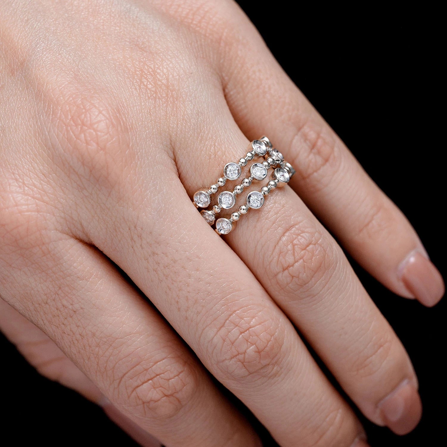 Four Row Scattered Beaded Bezel Diamond Band in 14K white gold, alternate view