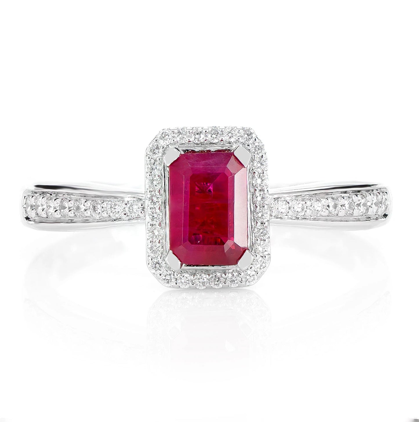 Emerald Cut Ruby Gemstone and Diamond Halo Ring