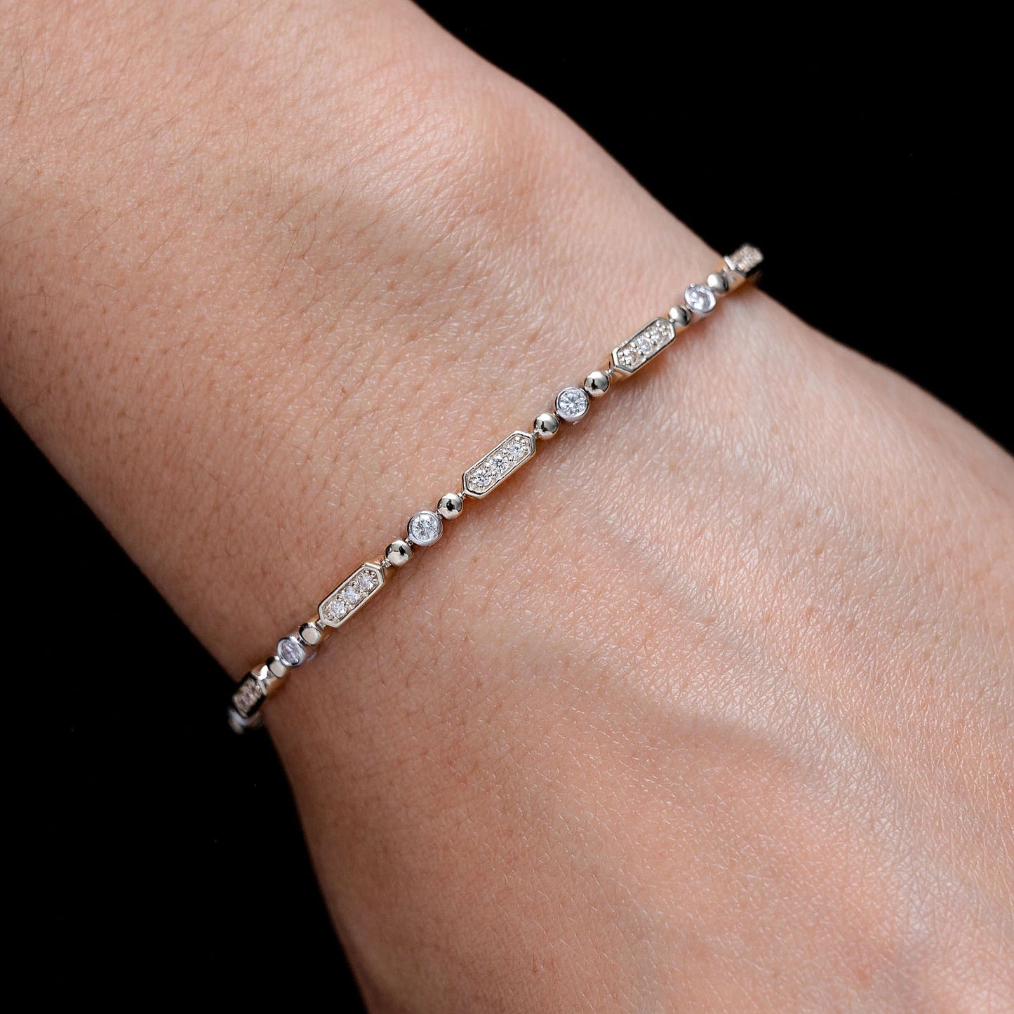 Alternating Bezel & Bar Diamond Link Bracelet in 14K white gold, alternate view