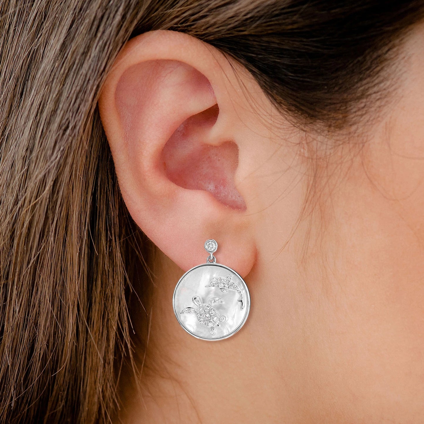 Mother of Pearl and Diamond Sea Turtle Dolphin Earrings