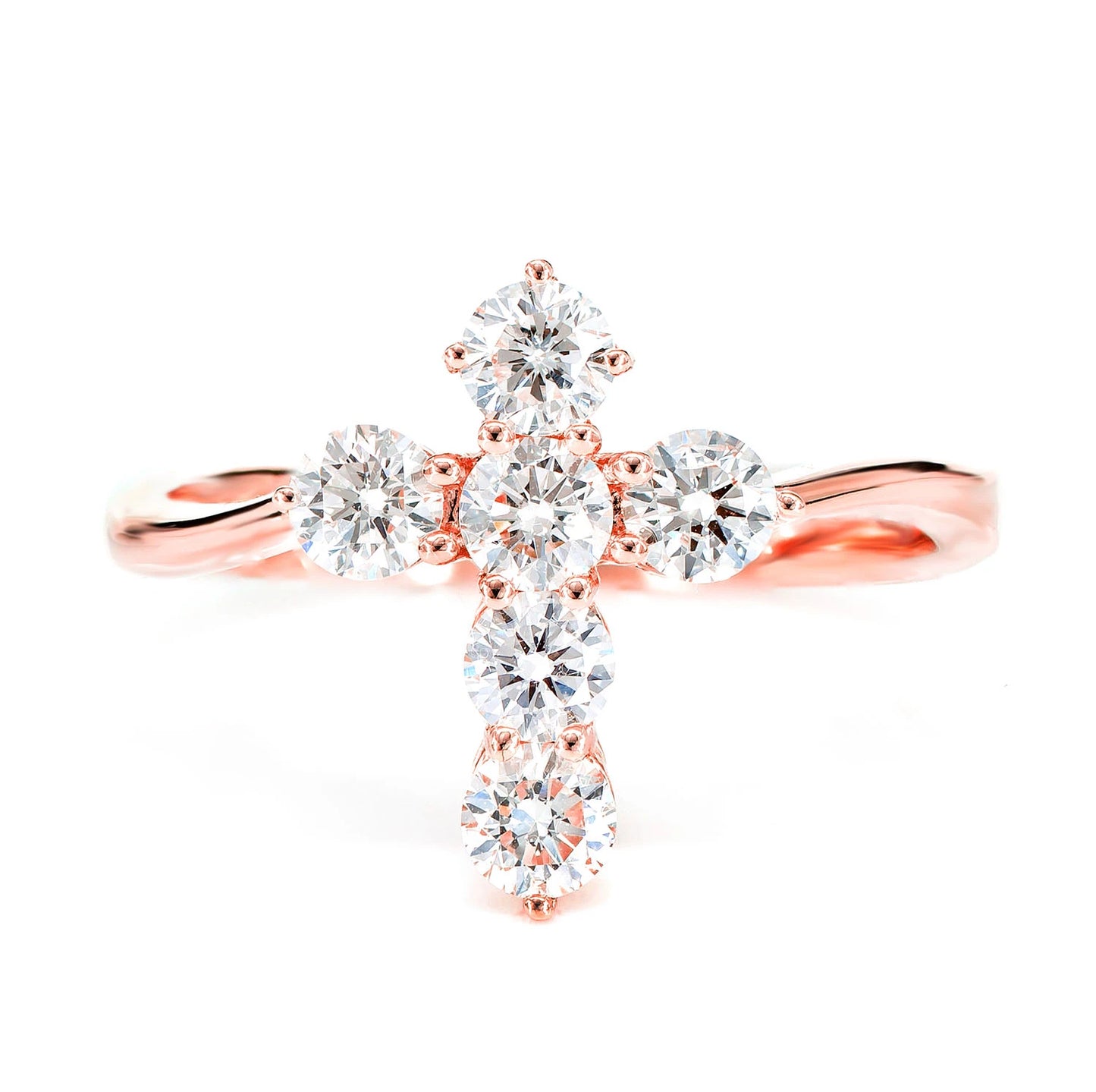 Pointed Cross Diamond Ring in 14K rose gold, front view