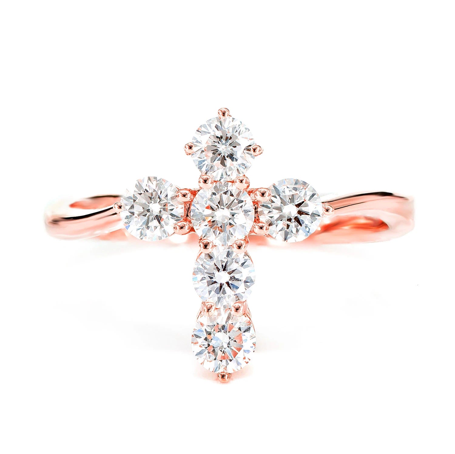 Pointed Cross Diamond Ring in 14K rose gold, front view