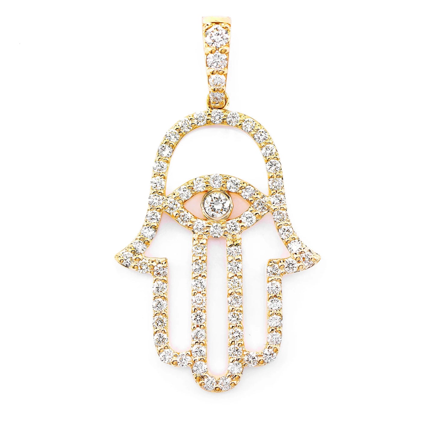 Outlined Hamsa Diamond Pendant in 14K yellow gold, front view