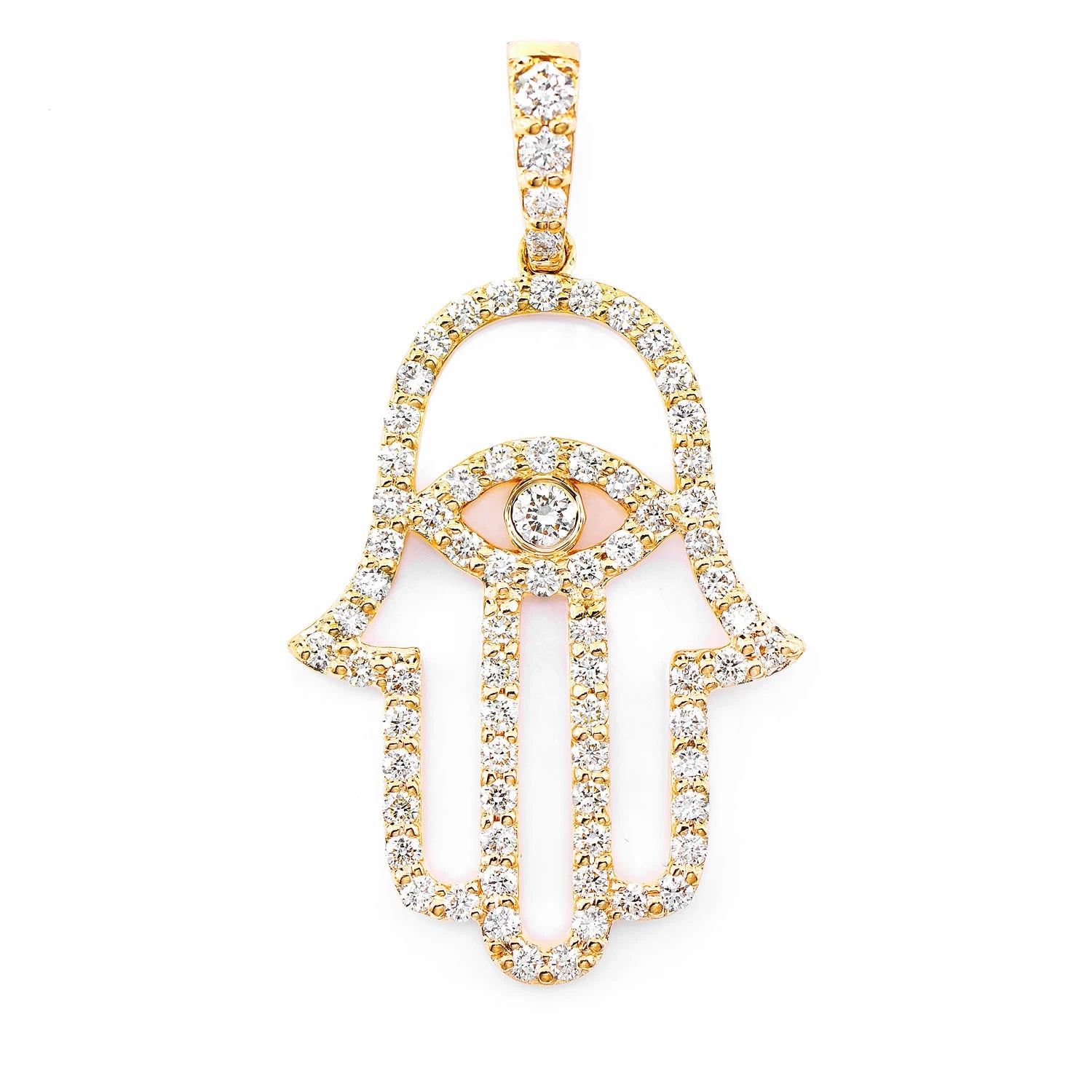 Outlined Hamsa Diamond Pendant in 14K yellow gold, front view