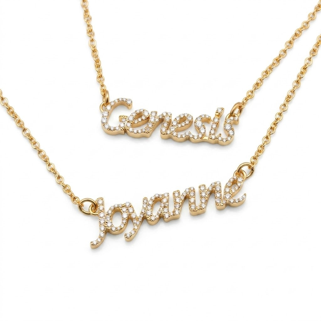 Custom Script Diamond Name Necklace in 14K yellow gold, angled view
