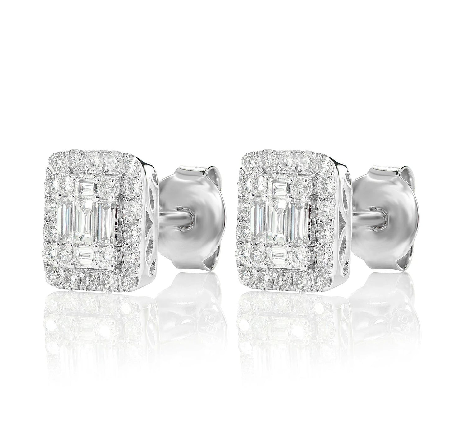Halo Diamond Baguette Stud Earrings
