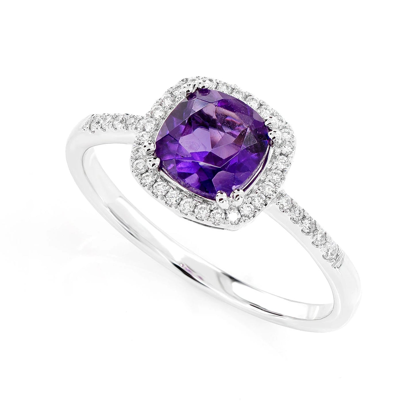 Amethyst Cushion and Diamond Halo Ring