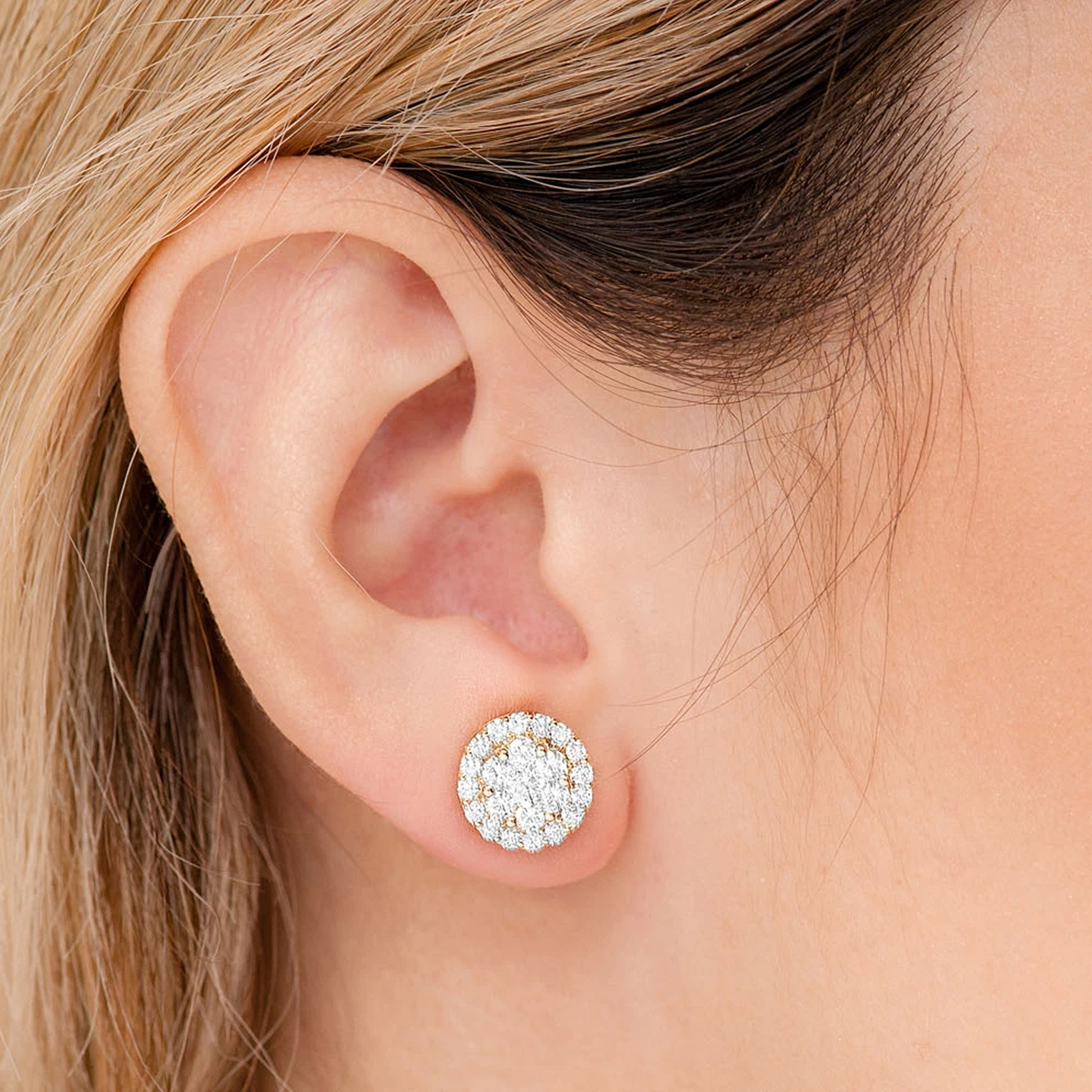 Halo Flower Diamond Studs in 14K yellow gold, 1.00ctw, worn view