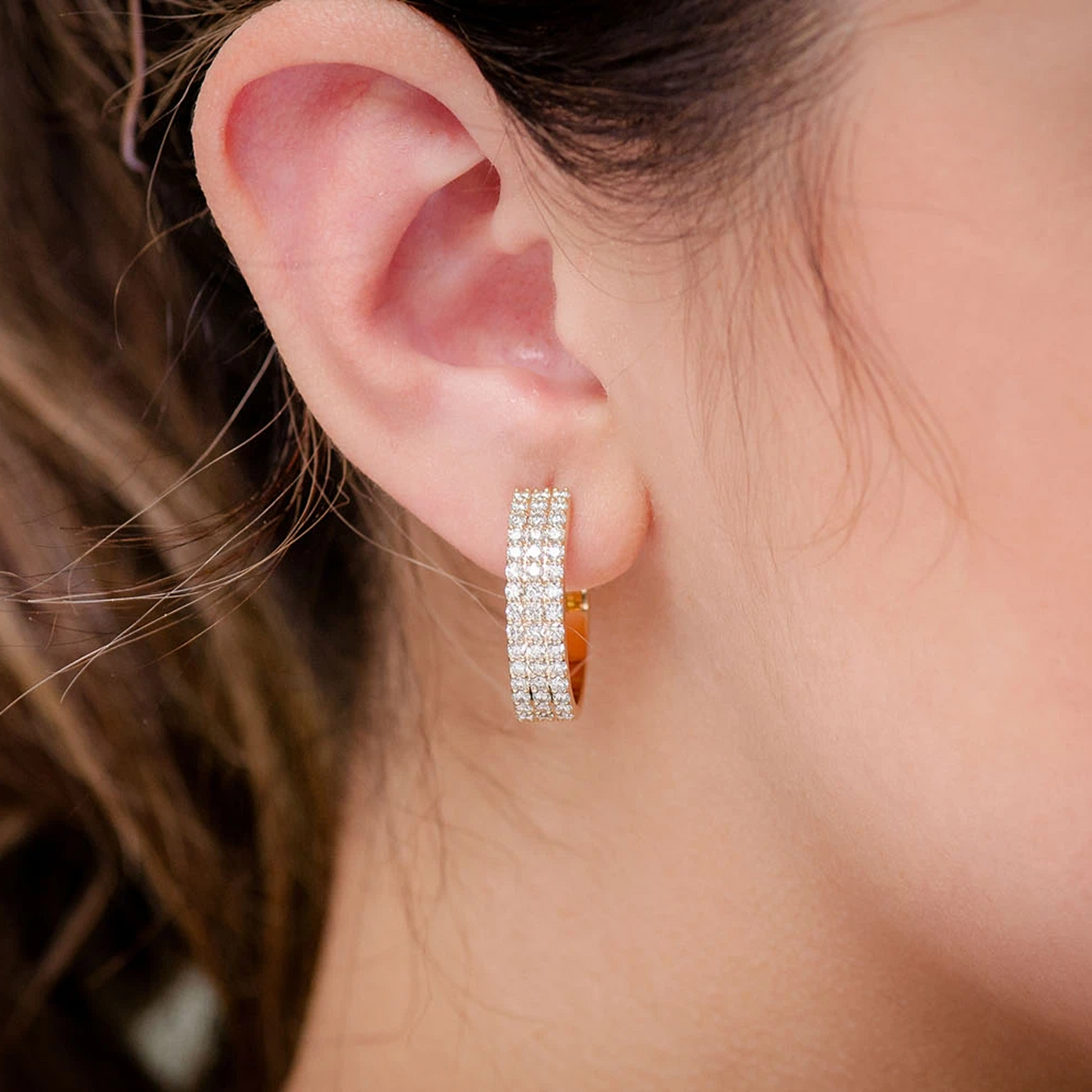 Three Row Diamond Hoops in 14K rose gold, 1.75ctw, angled view