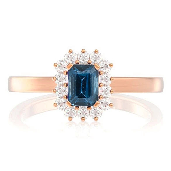0.30ct Emerald Cut Sapphire Halo Diamond Engagement Ring in 14K rose gold, front view