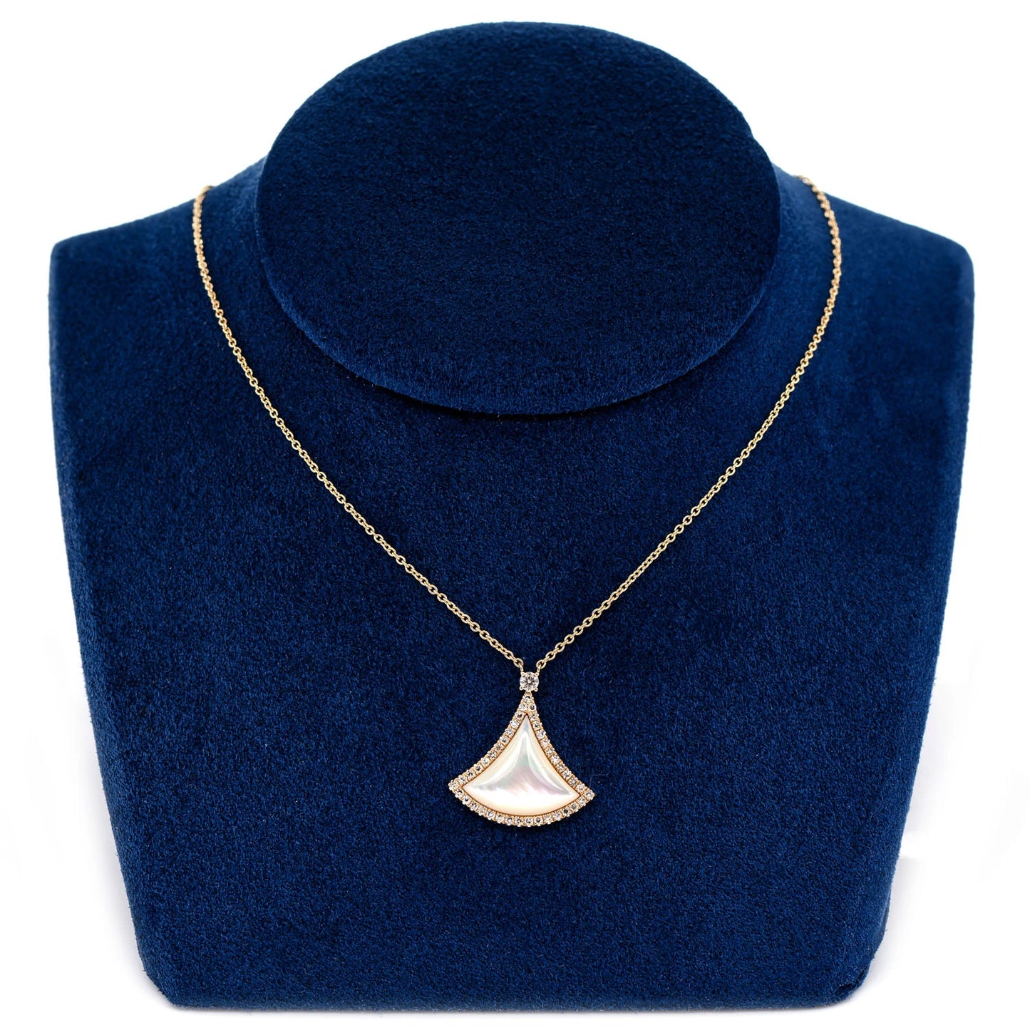 Curved Mother of Pearl Triangle Diamond Necklace in 14K yellow gold, angled view