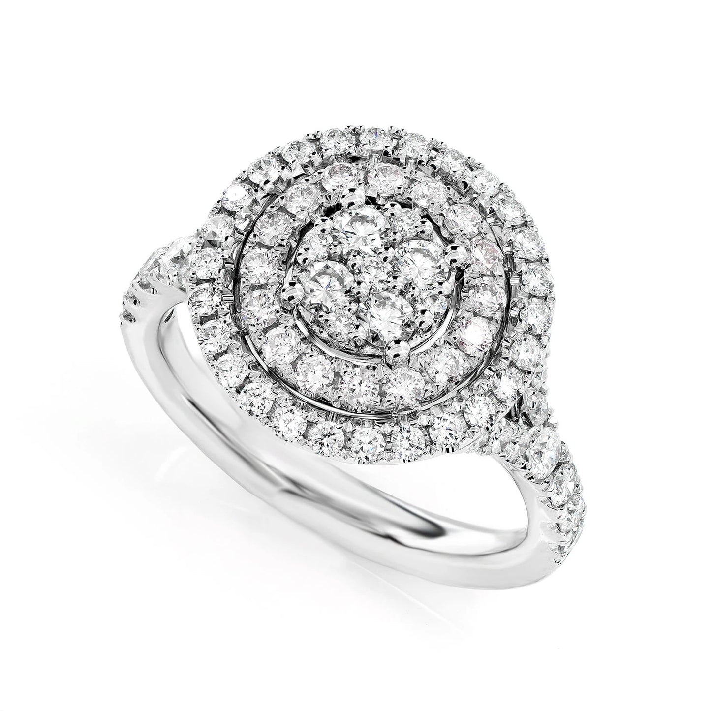 Double Halo Round Cluster Diamond Ring in 14K white gold, detail view