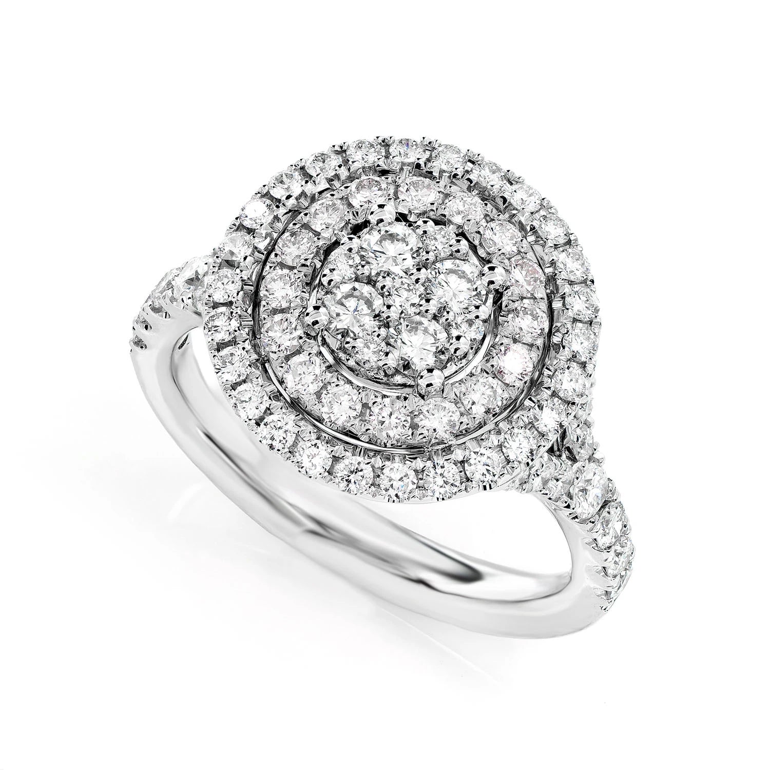 Double Halo Round Cluster Diamond Ring in 14K white gold, detail view