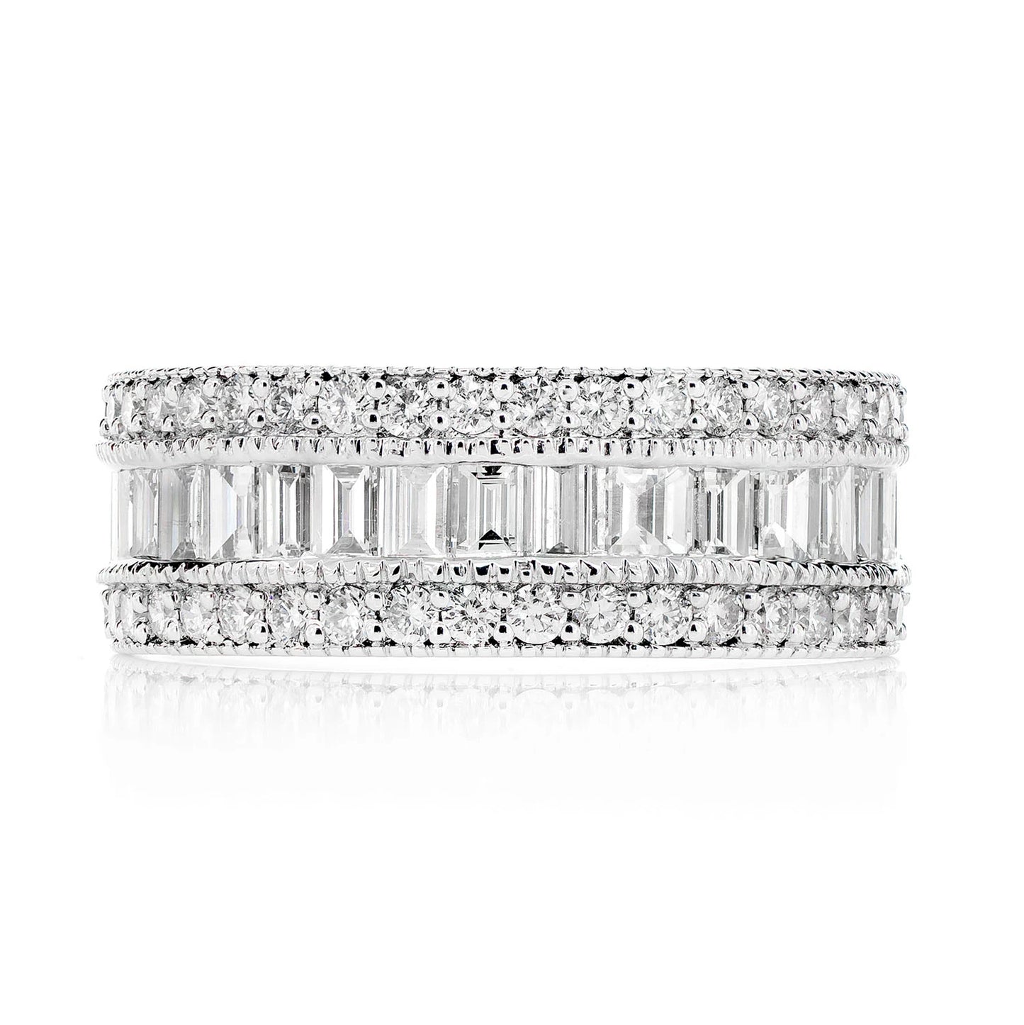 Milgrain Border Baguette & Round Diamond Band Ring in 14K white gold, front view