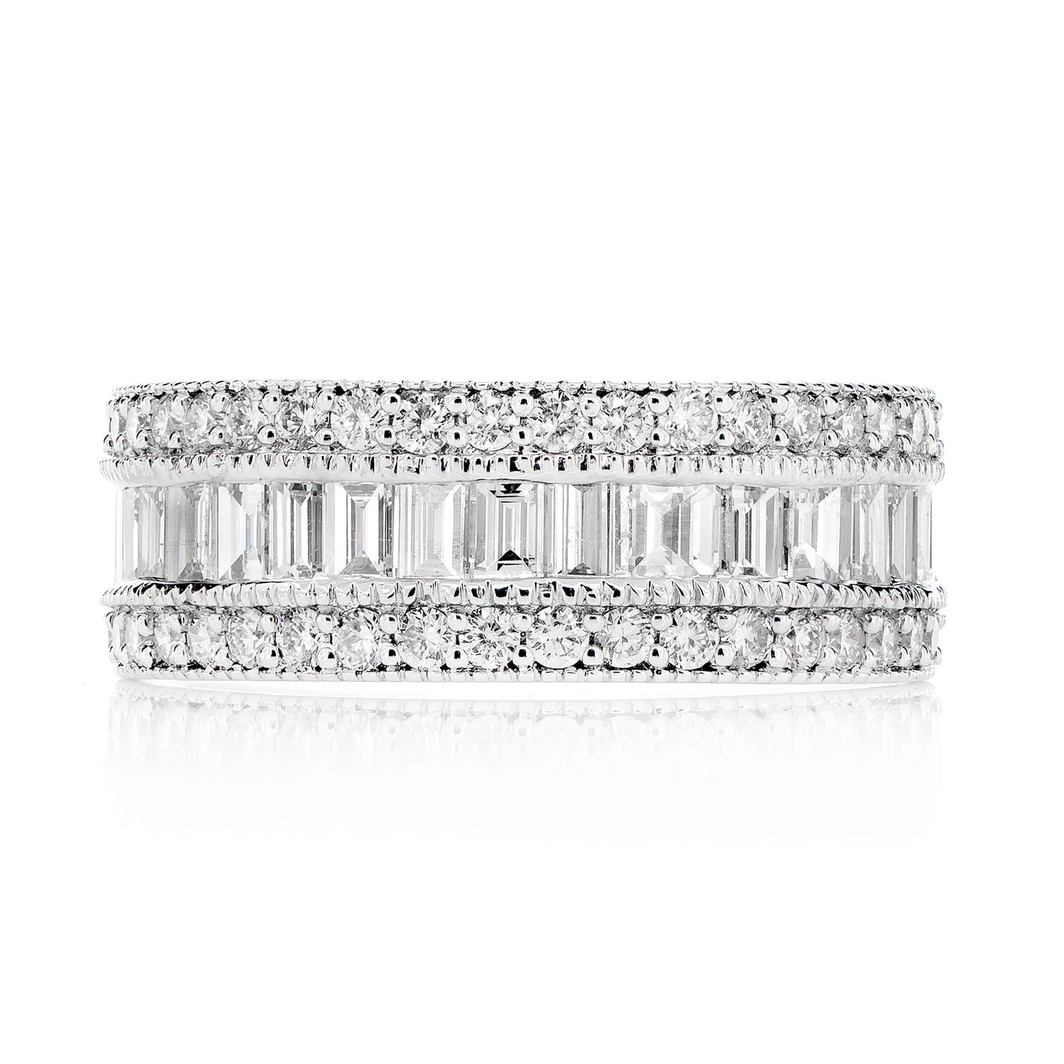 Milgrain Border Baguette & Round Diamond Band Ring in 14K white gold, front view
