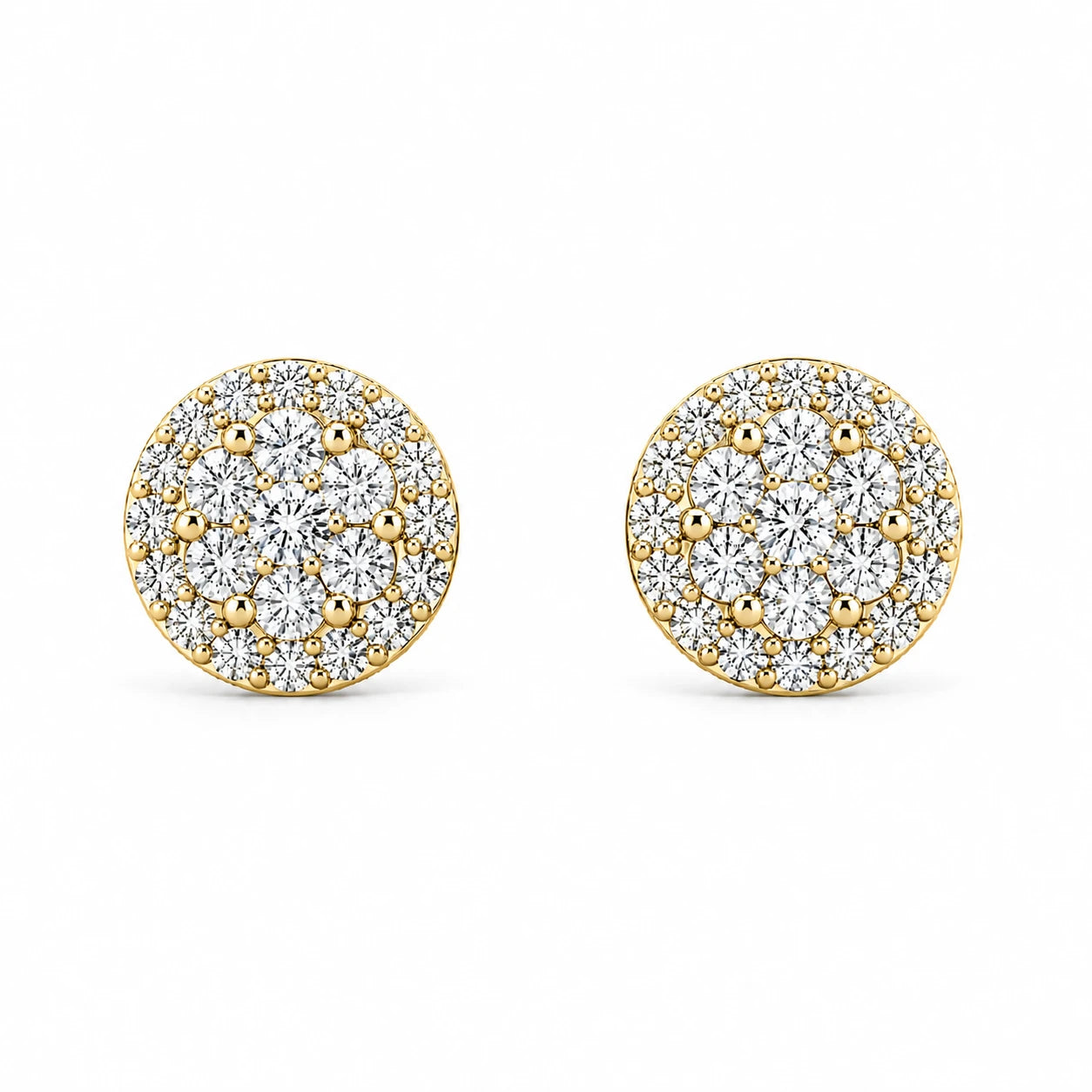 Halo Flower Diamond Studs in 14K yellow gold, 1.00ctw, front view