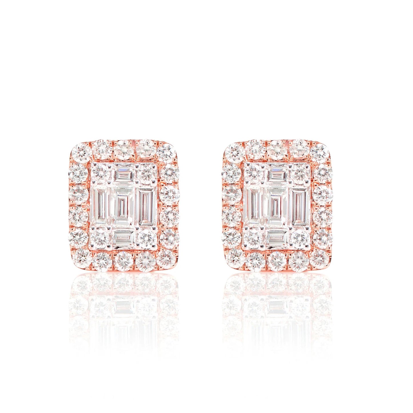 Halo Diamond Baguette Stud Earrings