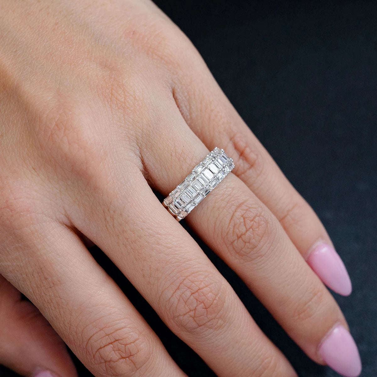 Three Row Prong Set Baguette Diamond Band Ring