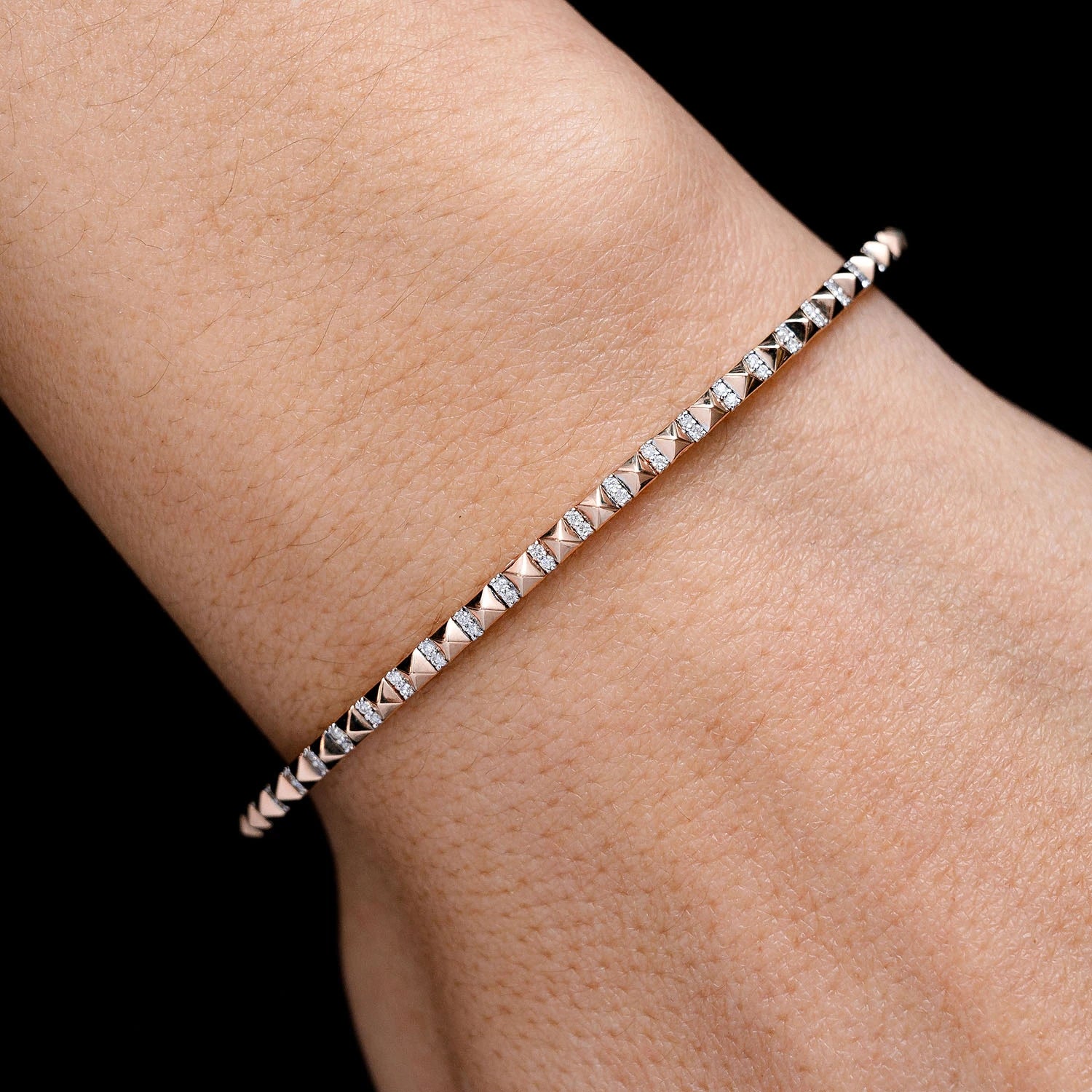 Pointed Square Diamond Flex Bangle Bracelet in 14K rose gold, detail view